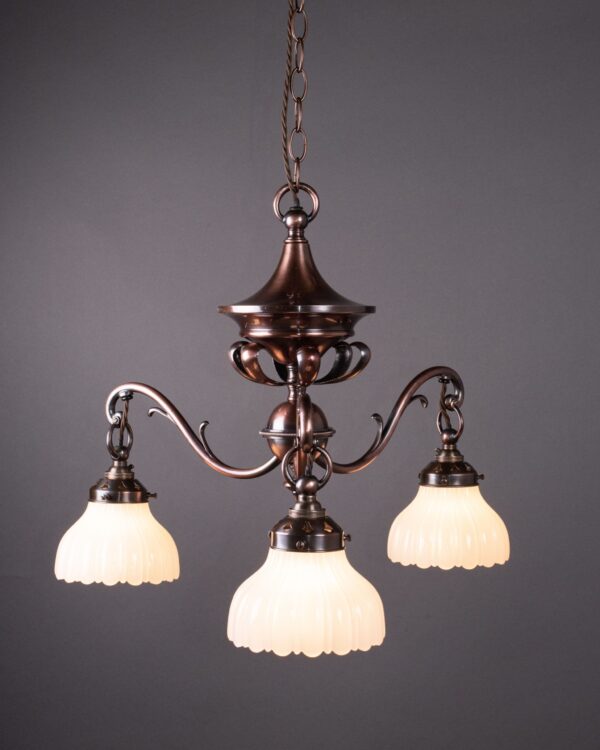 Arts &amp; Crafts Oxidised Bronze Chandelier with Moonstone Shades