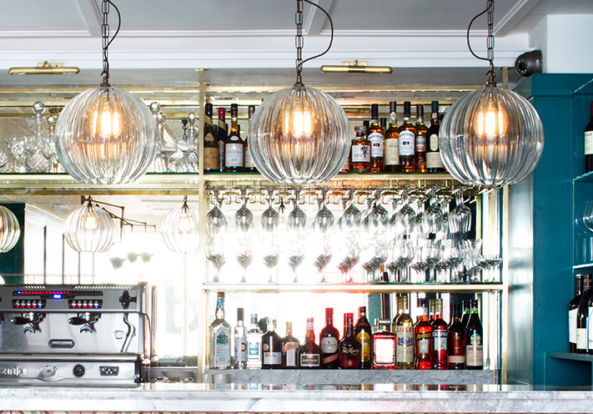 Handblown Hereford pendants over the bar at The Bower House